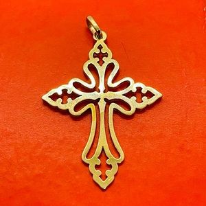 LARGE RETIRED ST CECILIA JAMES AVERY 14K GOLD LATTICE CROSS PENDANT